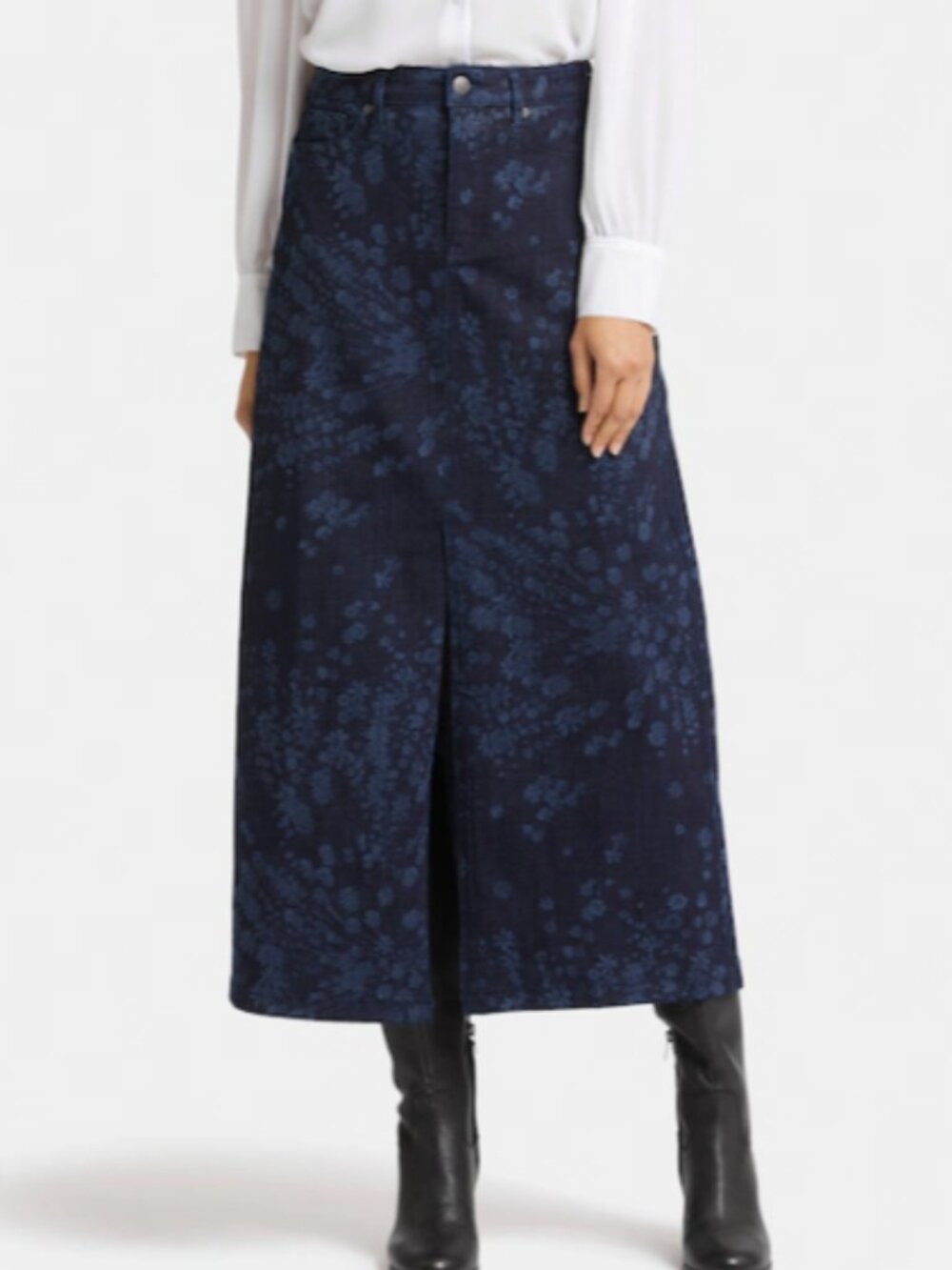 NYDJ Floral High Rise Denim Midi Skirt w/ Front Slit - Size 12